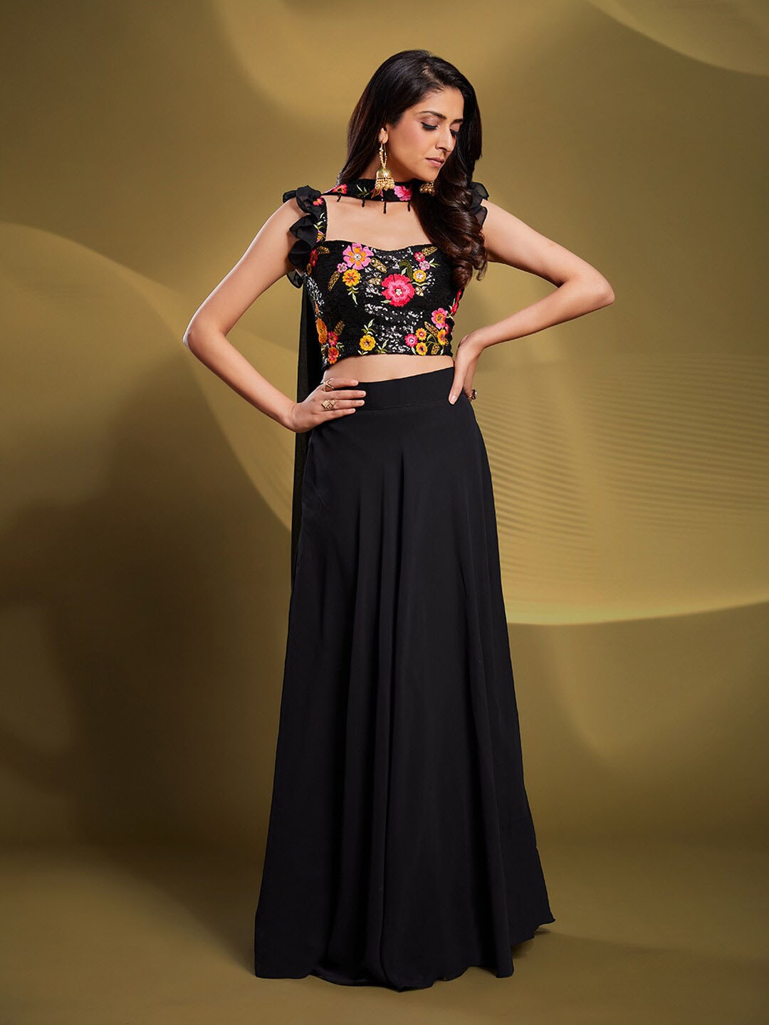 

Fusionic Embroidered Sequinned Ready to Wear Lehenga & Blouse With Dupatta, Black