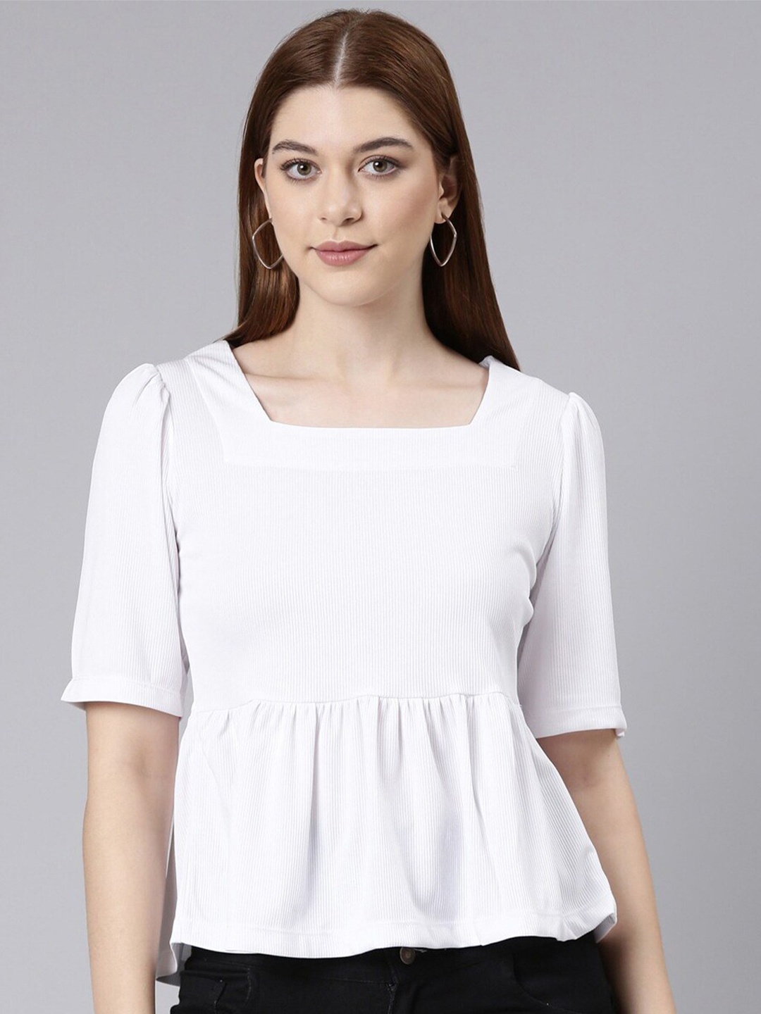 

TWIN BIRDS Square Neck Cotton Peplum Top, White