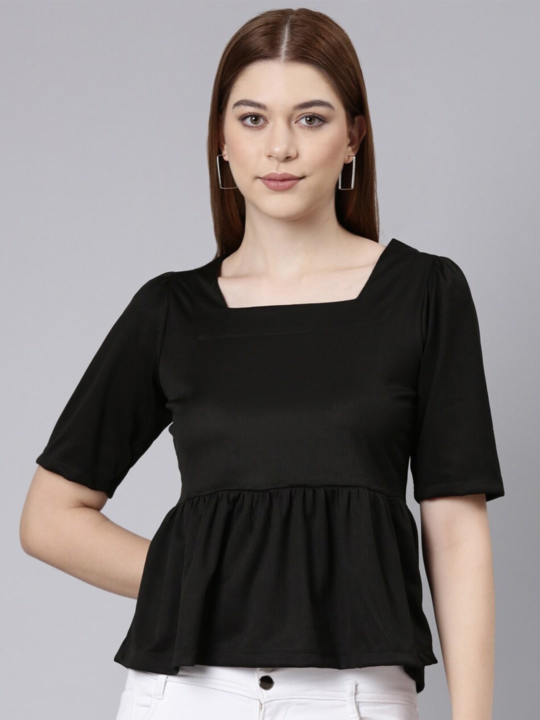 

TWIN BIRDS Cotton Square Neck Top, Black