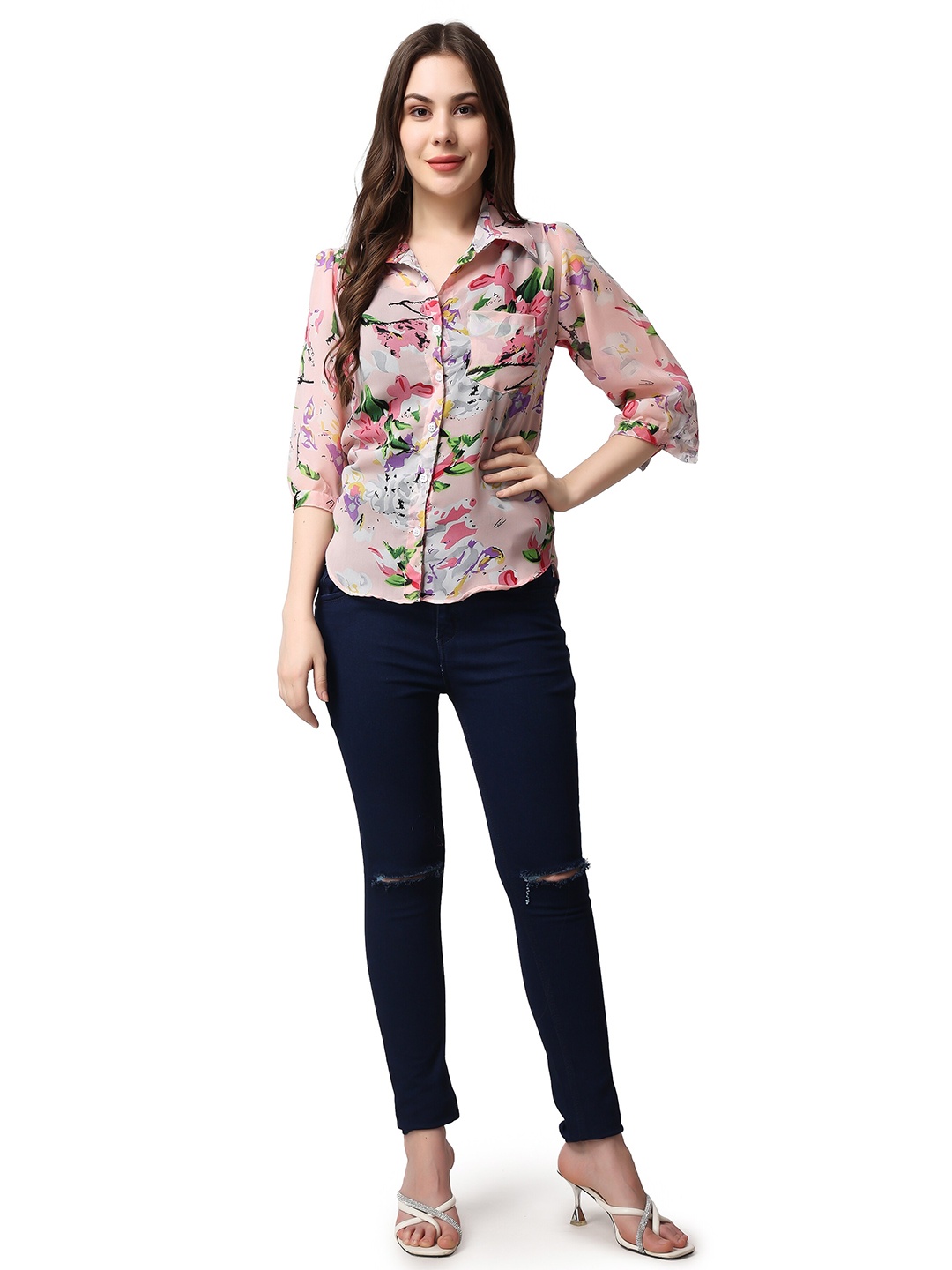 

SCORPIUS Classic Abstract Printed Georgette Casual Shirt, Pink