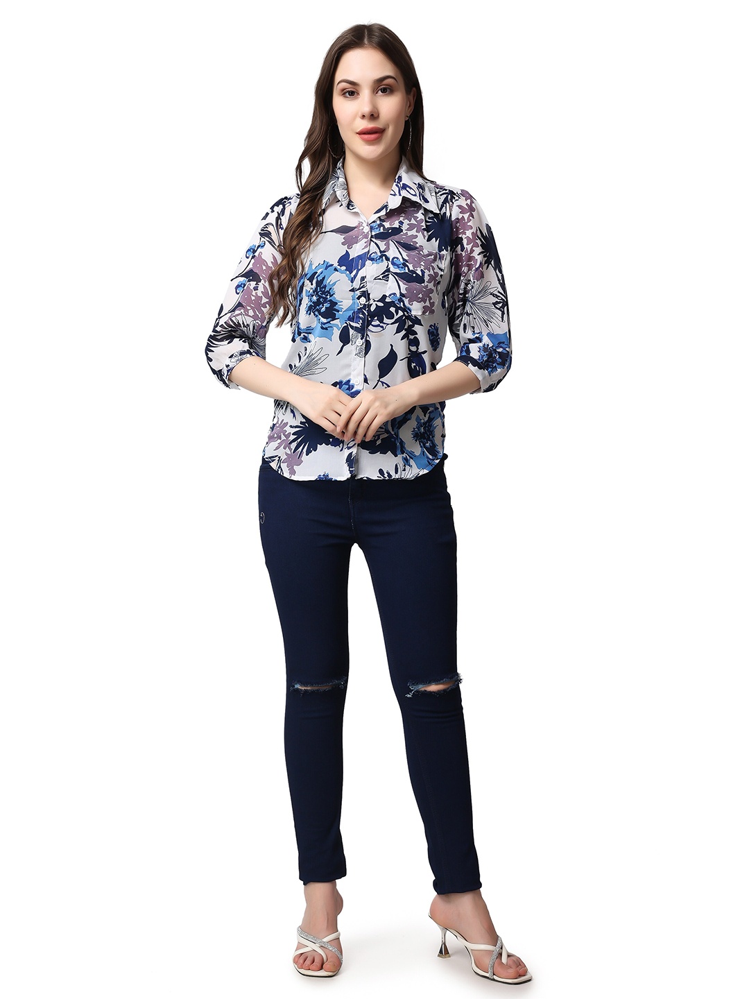 SCORPIUS Classic Floral Sheer Printed Casual Shirt, White