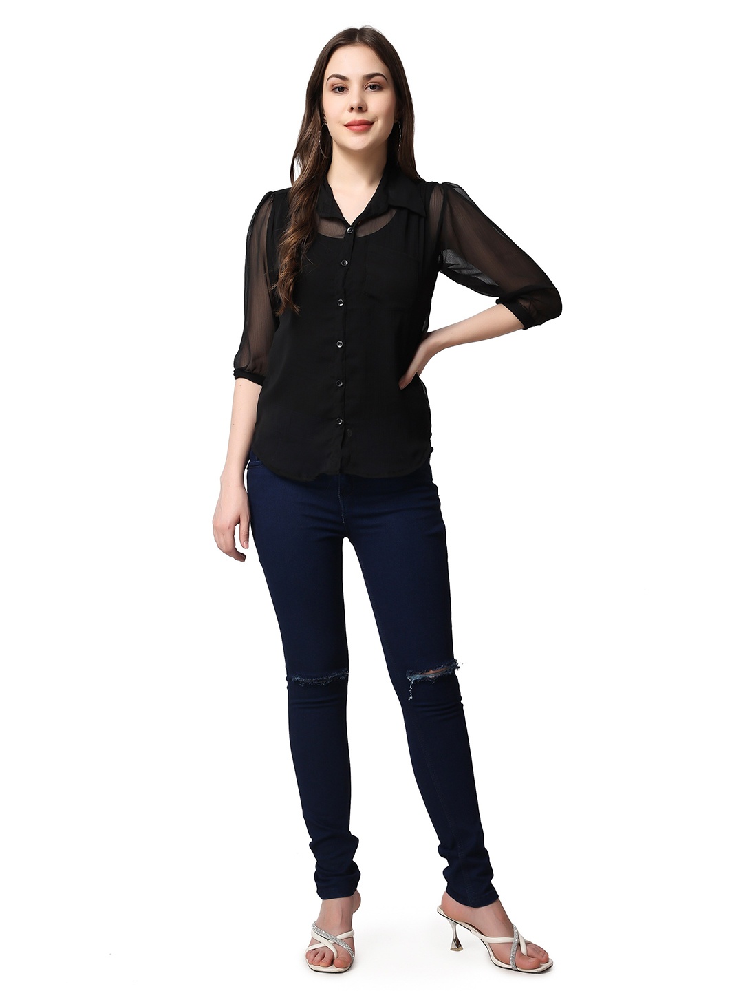 SCORPIUS Classic Sheer Georgette Casual Shirt, Black