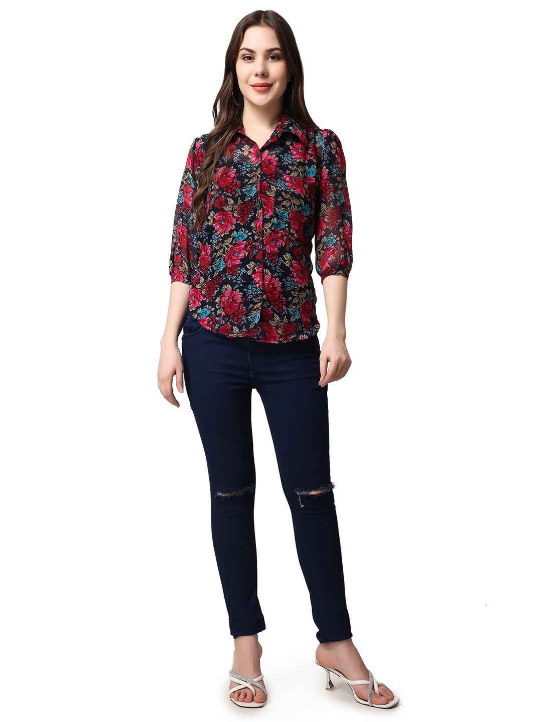 

SCORPIUS Classic Floral Sheer Printed Casual Shirt, Navy blue