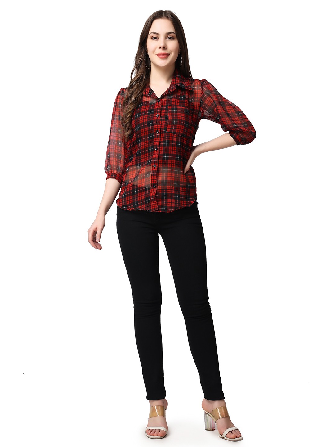 SCORPIUS Women Classic Tartan Checked Georgette Casual Shirt, Red