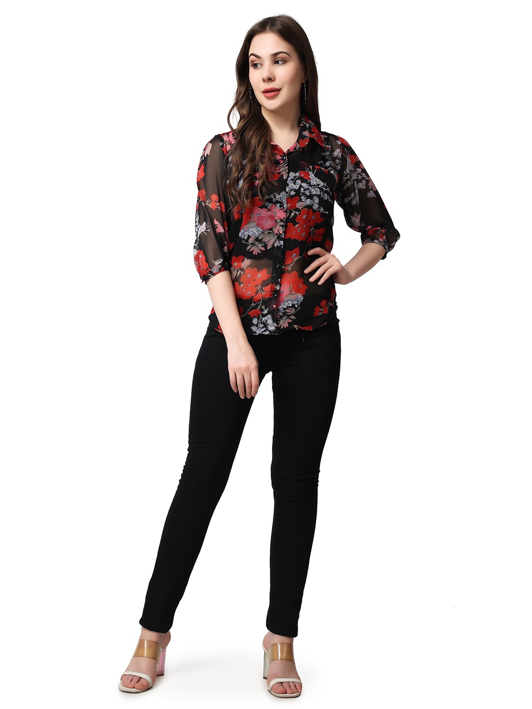 

SCORPIUS Classic Floral Sheer Printed Casual Shirt, Black