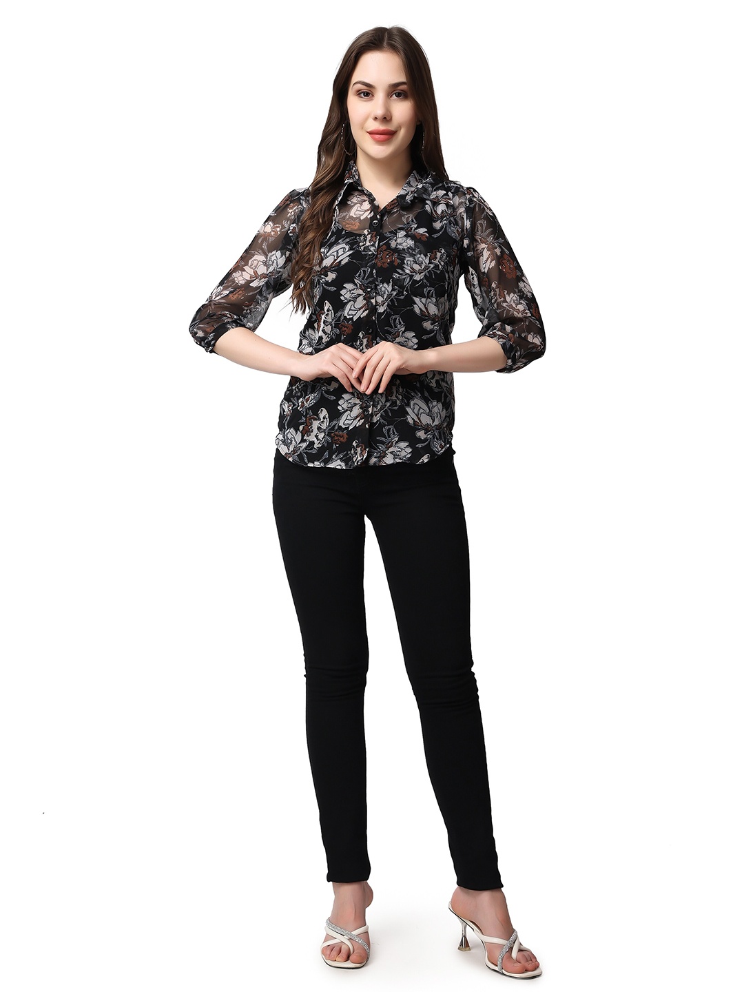 

SCORPIUS Classic Floral Sheer Printed Casual Shirt, Black