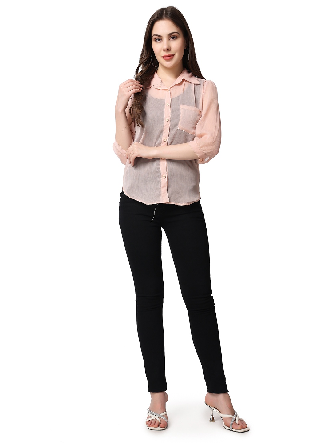 

SCORPIUS Classic Sheer Chiffon Casual Shirt, Beige