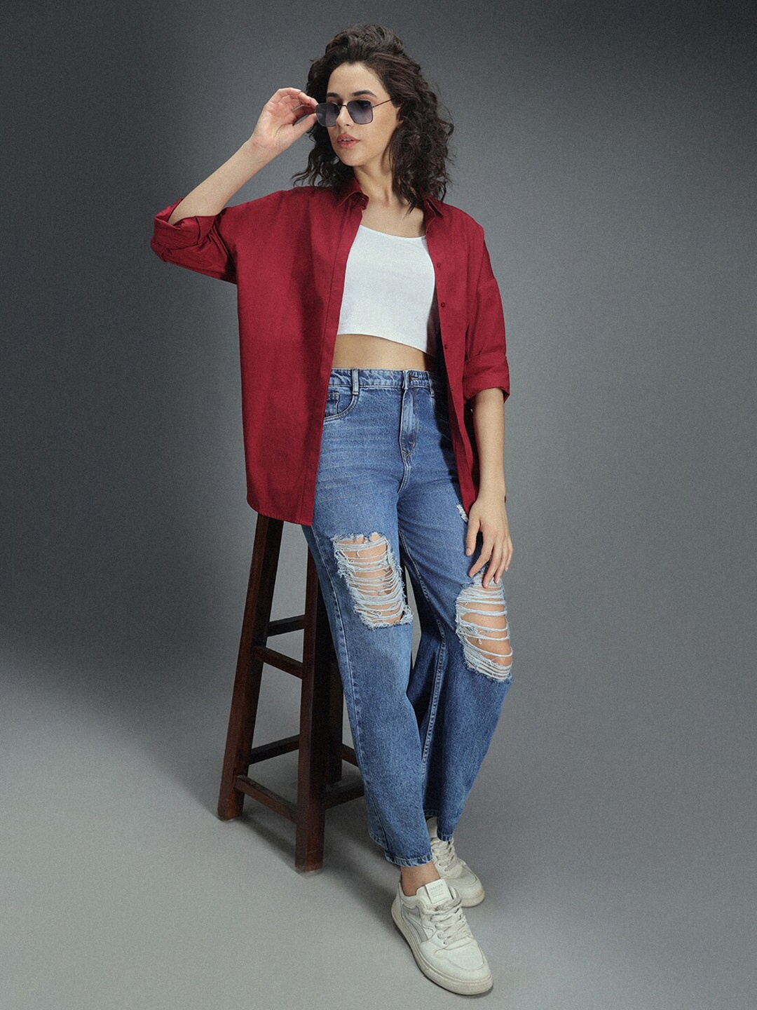 

High Star Classic Oversized Drop-Shoulder Sleeves Pure Cotton Casual Shirt, Red