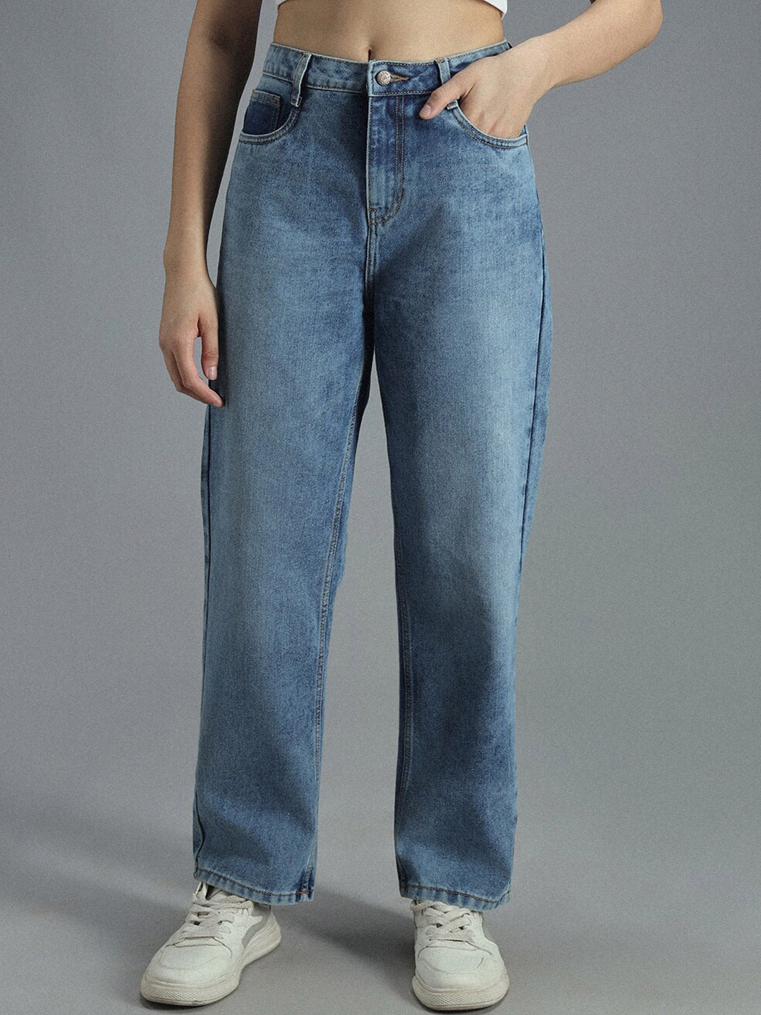 

High Star Women 90's Straight High-Rise Non-Stretchable Cotton Jeans, Blue