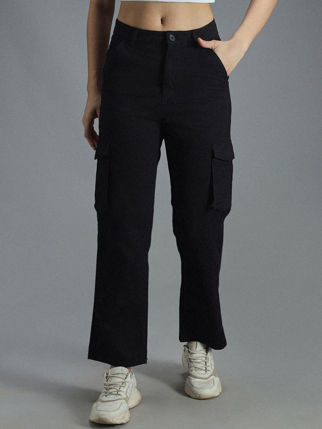

High Star Women Relaxed Straight Fit High-Rise Plain Cargos Trousers, Black