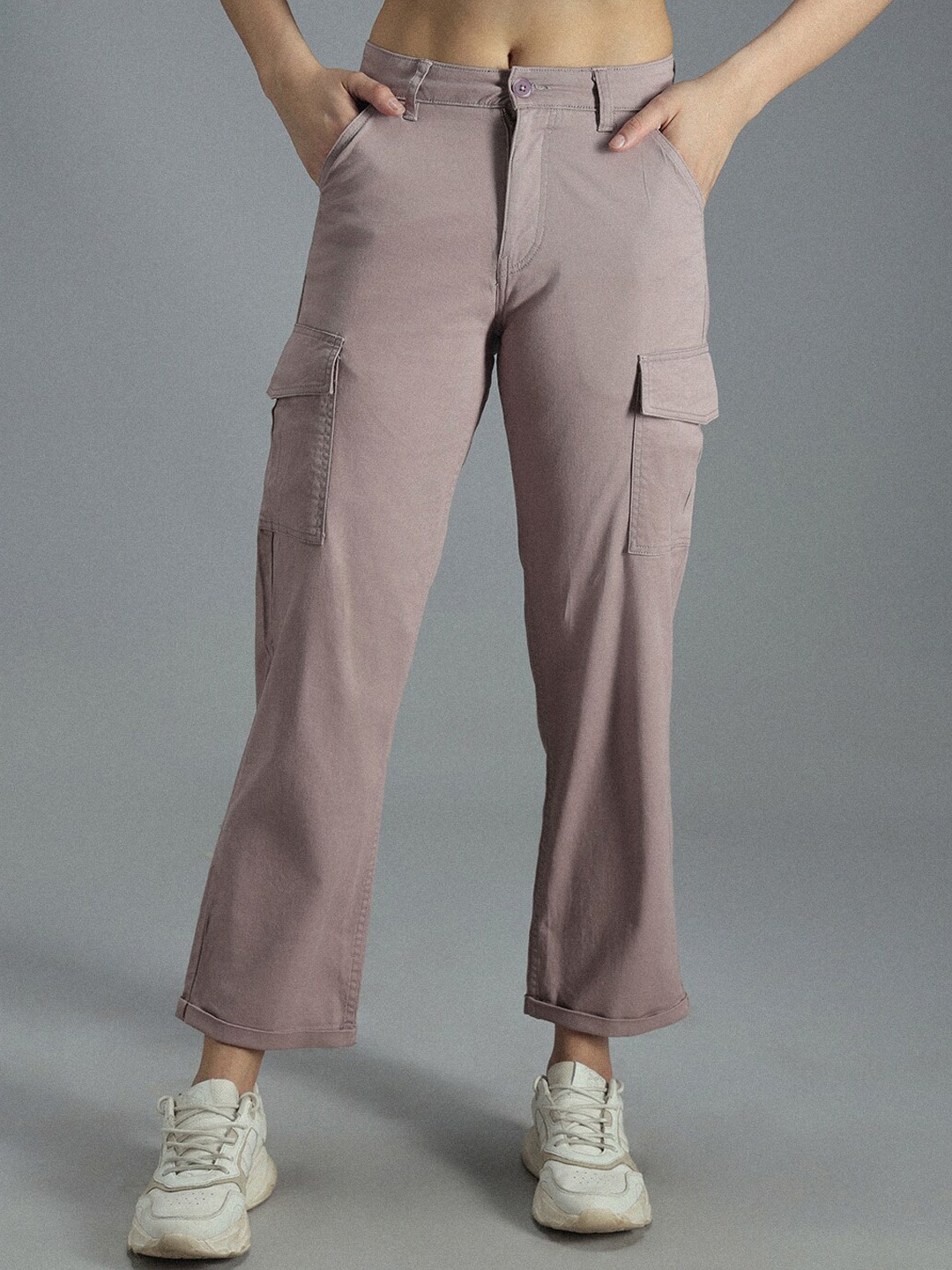 

High Star Women Relaxed Straight Leg High-Rise Plain Cargos Trousers, Mauve