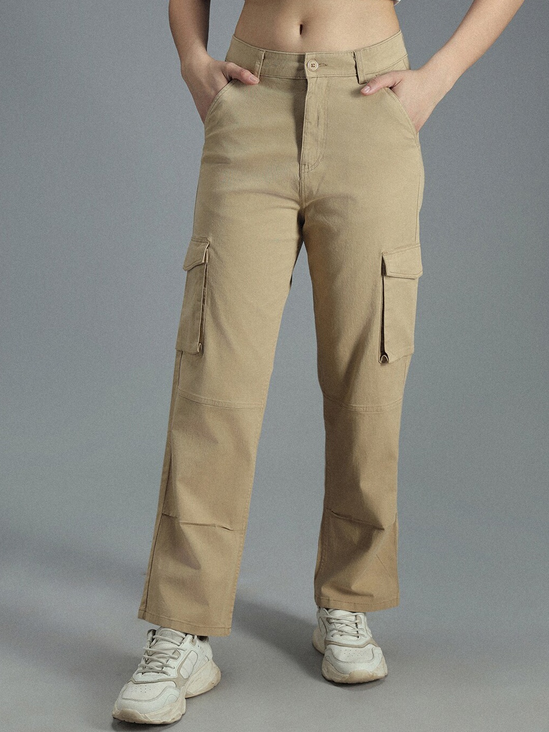 

High Star Women Relaxed Straight Fit High-Rise Plain Cargos Trousers, Khaki