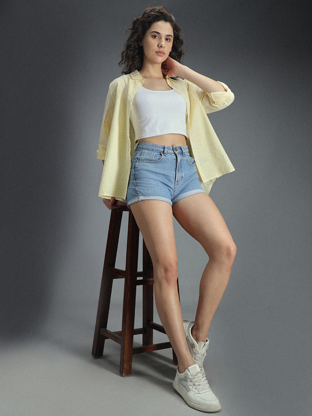 

High Star Classic Oversized Vertical Stripes Spread Collar Cotton Casual Shirt, Yellow
