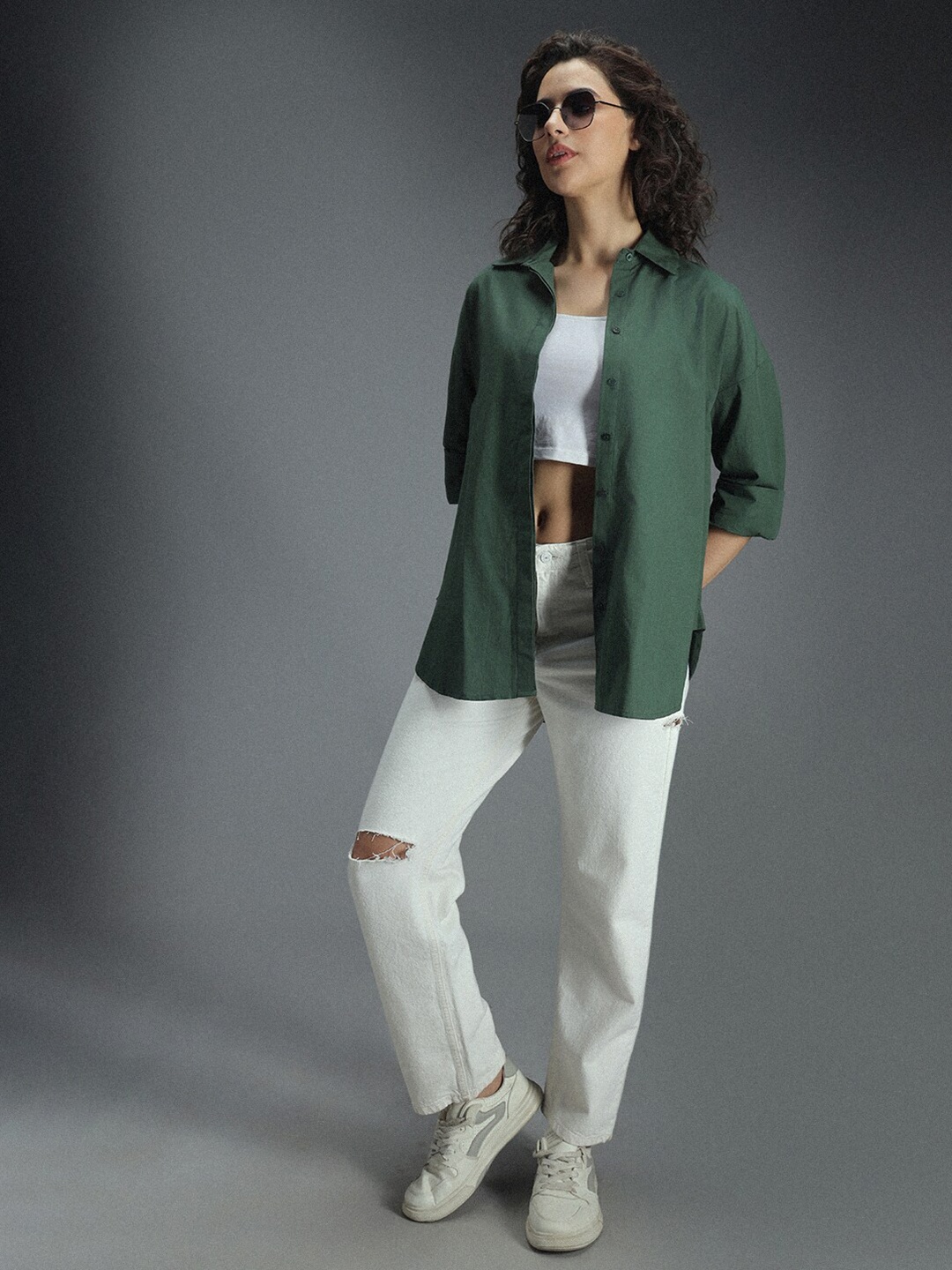 

High Star Classic Oversized Spread Collar Long Sleeves Cotton Casual Shirt, Green