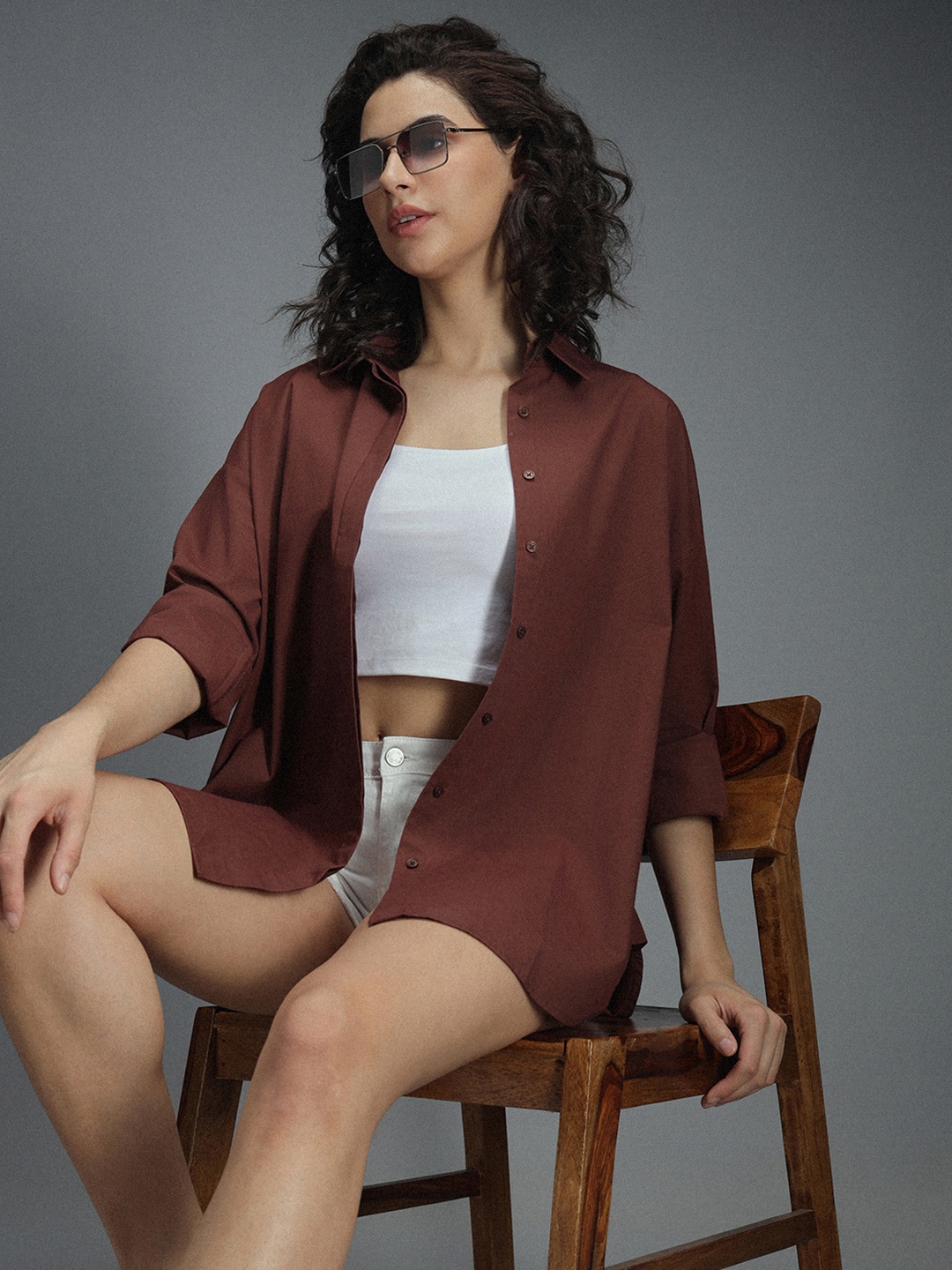 

High Star Classic Oversized Drop-Shoulder Sleeves Pure Cotton Casual Shirt, Brown