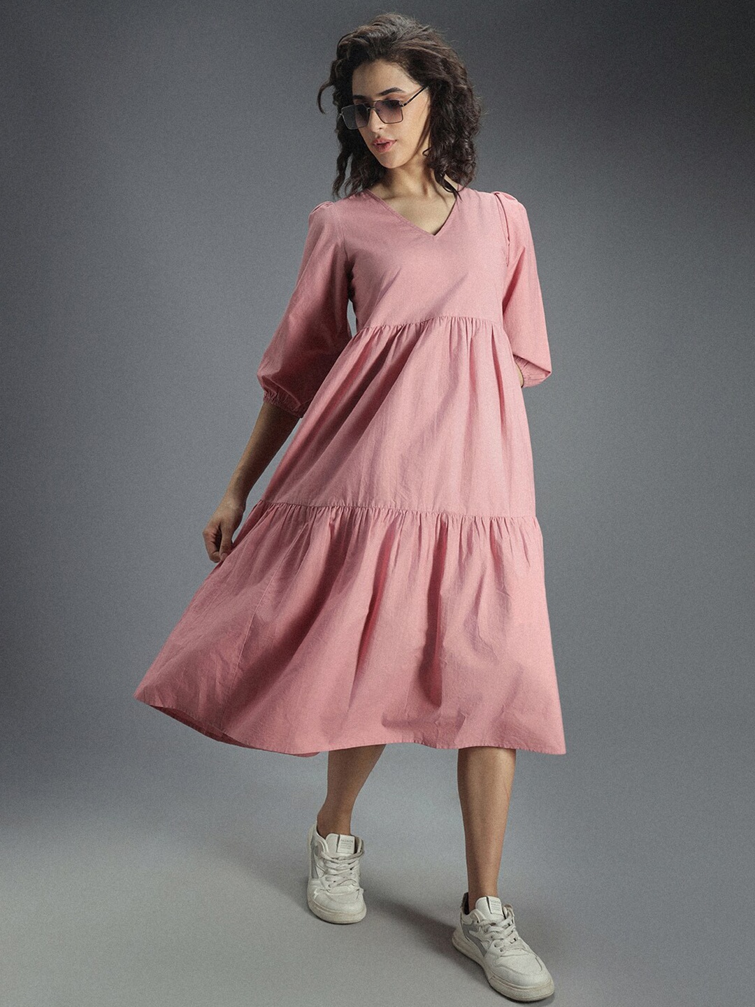 

High Star V-Neck Puff Sleeve Gathered Tiered Cotton A-Line Midi Dress, Pink