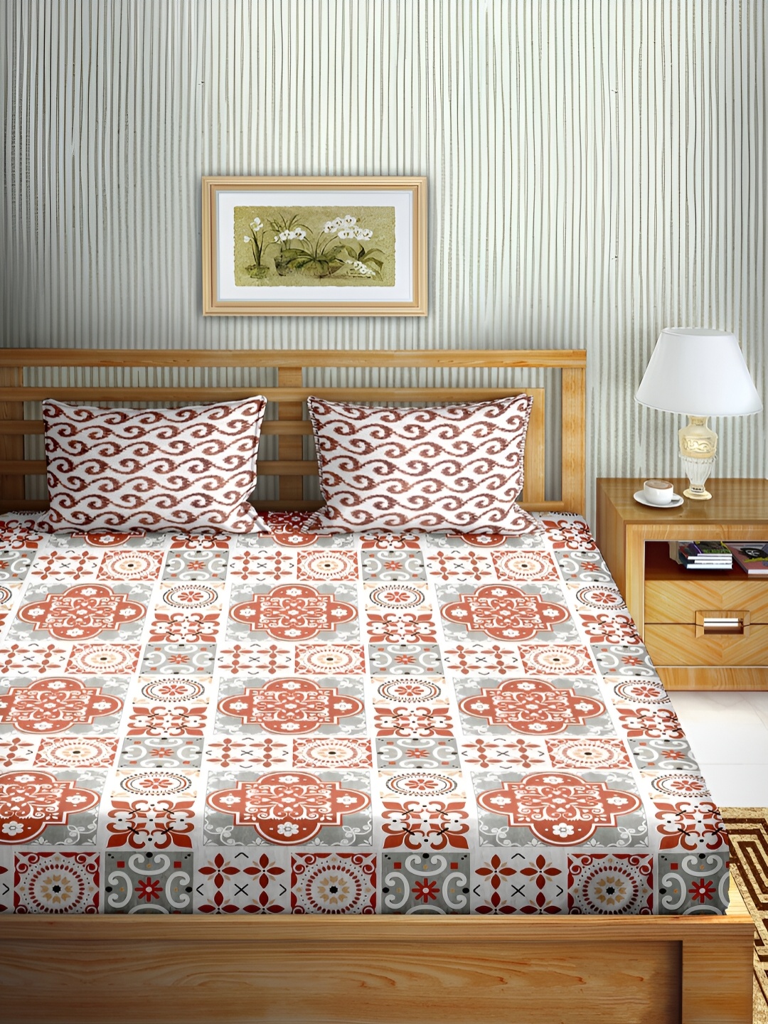 

Aura Red & White Geometric Cotton 180 TC King Bedsheet With 2 Pillow Covers
