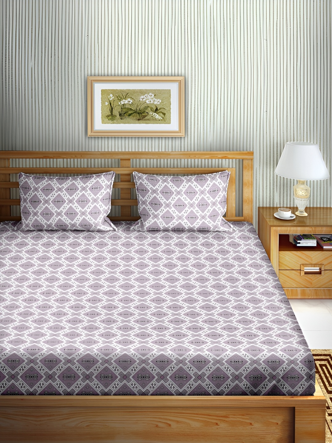 

Aura Purple & Grey Geometric Cotton180 TC Double Queen Bedsheet with 2 Pillow Covers