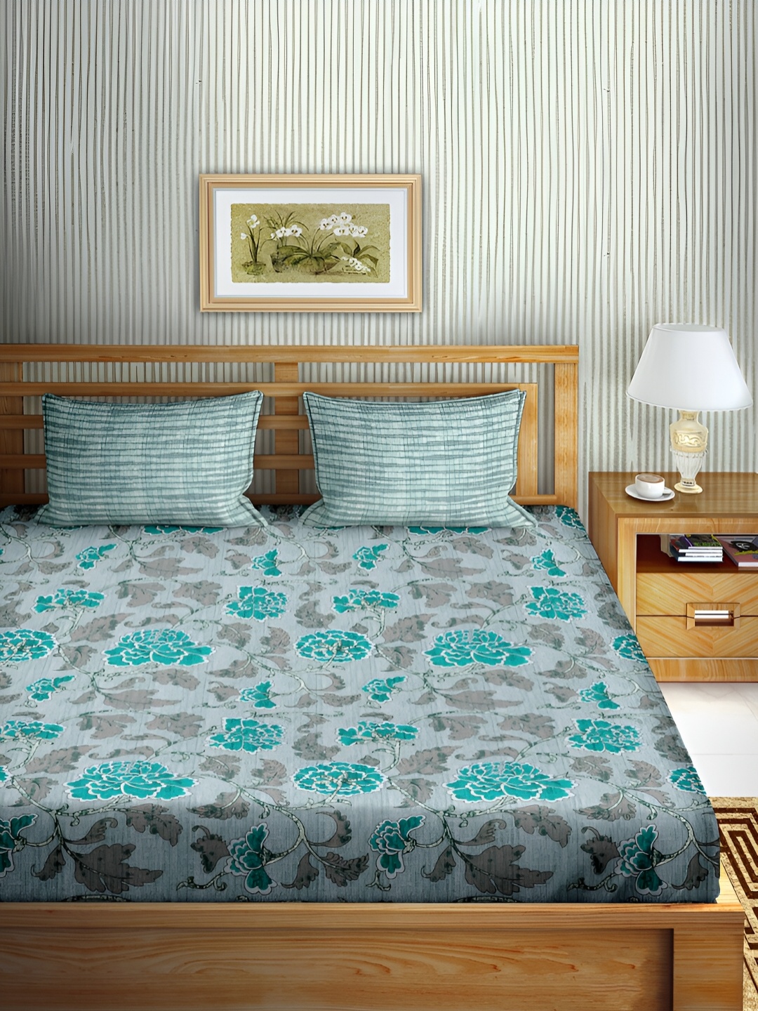 

Aura Green & Grey Floral Cotton 180 TC Double Queen Bedsheet with 2 Pillow Covers