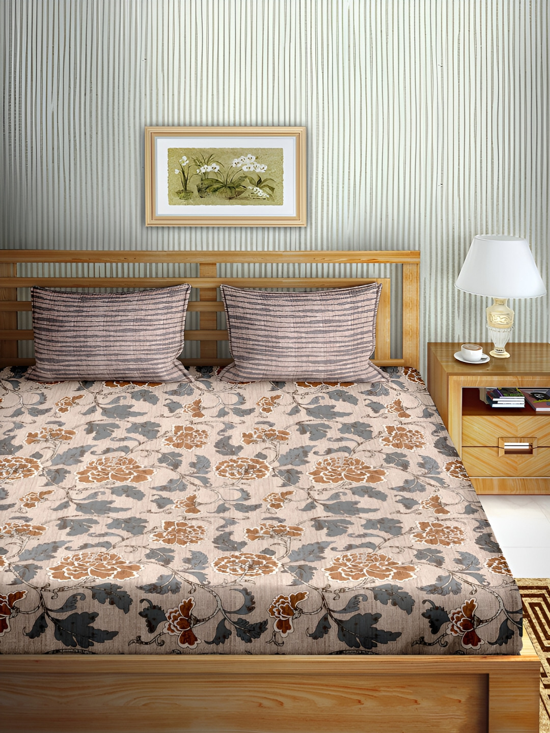 

Aura Brown & Grey Floral Cotton 180 TC Double Queen Bedsheet with 2 Pillow Covers