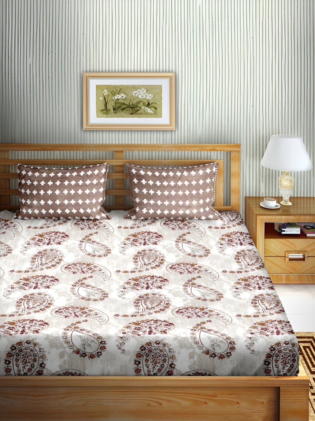 

Aura Brown & Silver-Toned Floral Cotton 180 TC Double Queen Bedsheet with 2 Pillow Covers