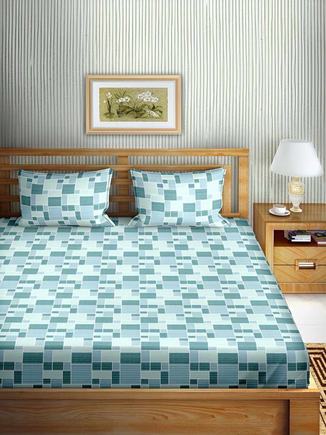 

Aura Green & Teal Geometric Cotton180 TC Double Queen Bedsheet with 2 Pillow Covers