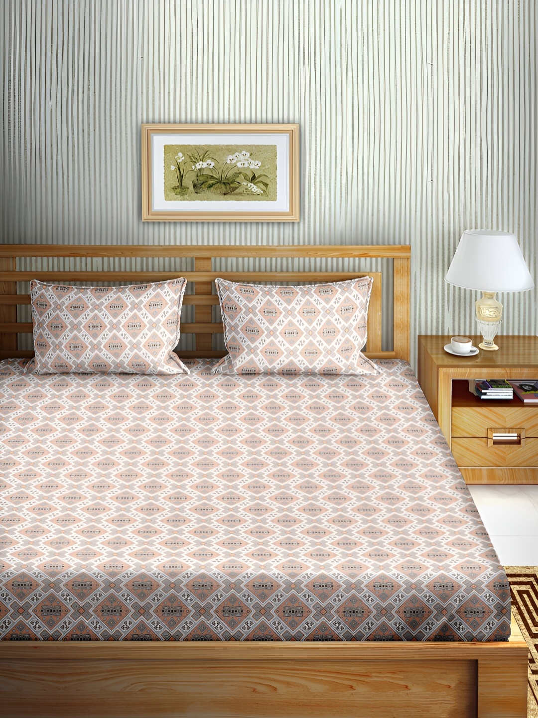 

Aura Orange & Grey Geometric Printed Cotton 180 TC King Bedsheet With 2 Pillow Covers