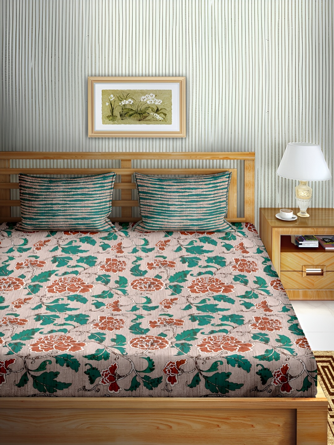 

Aura Green & Red Floral Cotton 180 TC Double Queen Bedsheet with 2 Pillow Covers