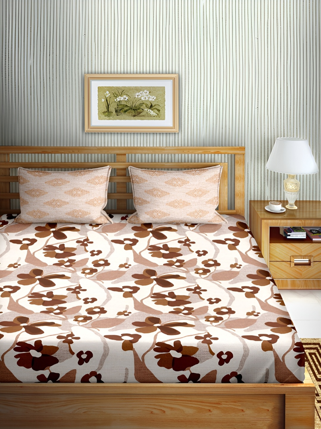 

Aura Brown & White Floral Cotton 180 TC Double Queen Bedsheet with 2 Pillow Covers
