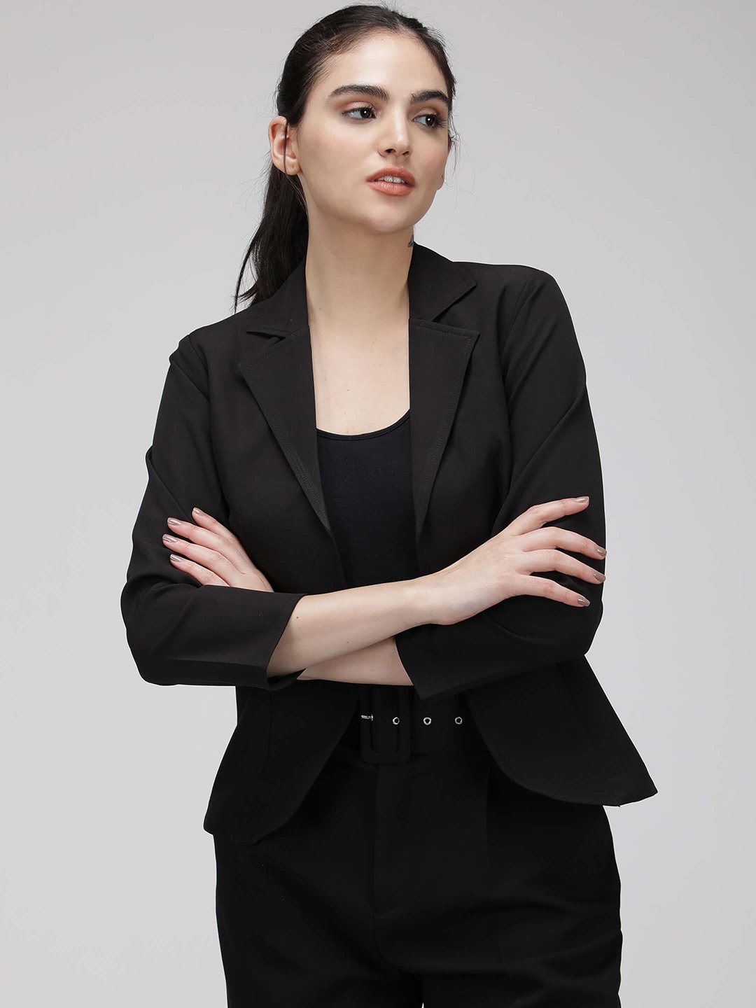 

IDK Notched Lapel lightweight Single-Breasted Front-Open Blazer, Black