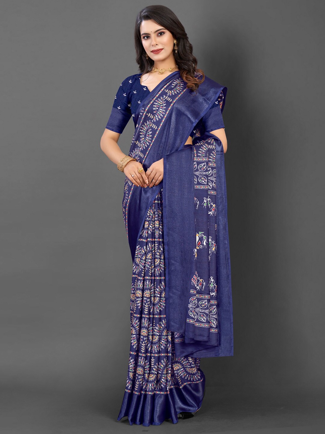 

Mitera Navy Blue Warli Printed Dola Silk Bagh Saree