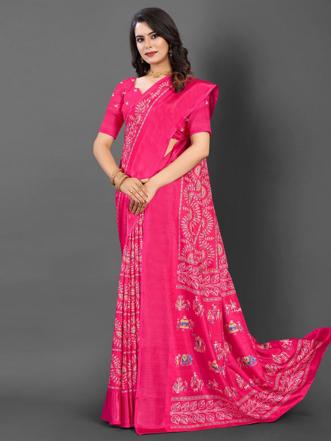 

Mitera Dola Silk Ethnic Printed Bagh Saree, Pink