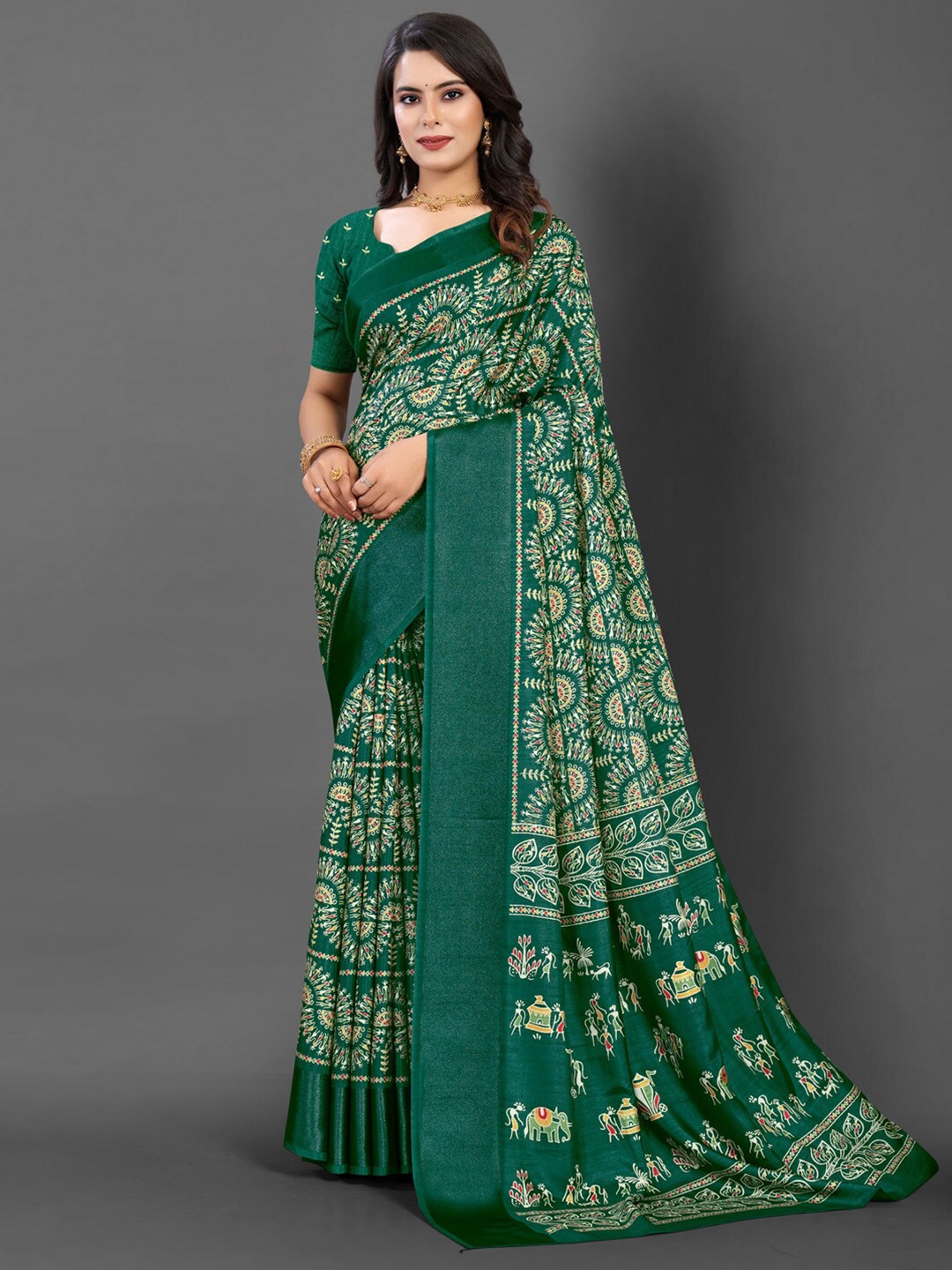 

Mitera Warli Printed Dola Silk Zari Saree, Green