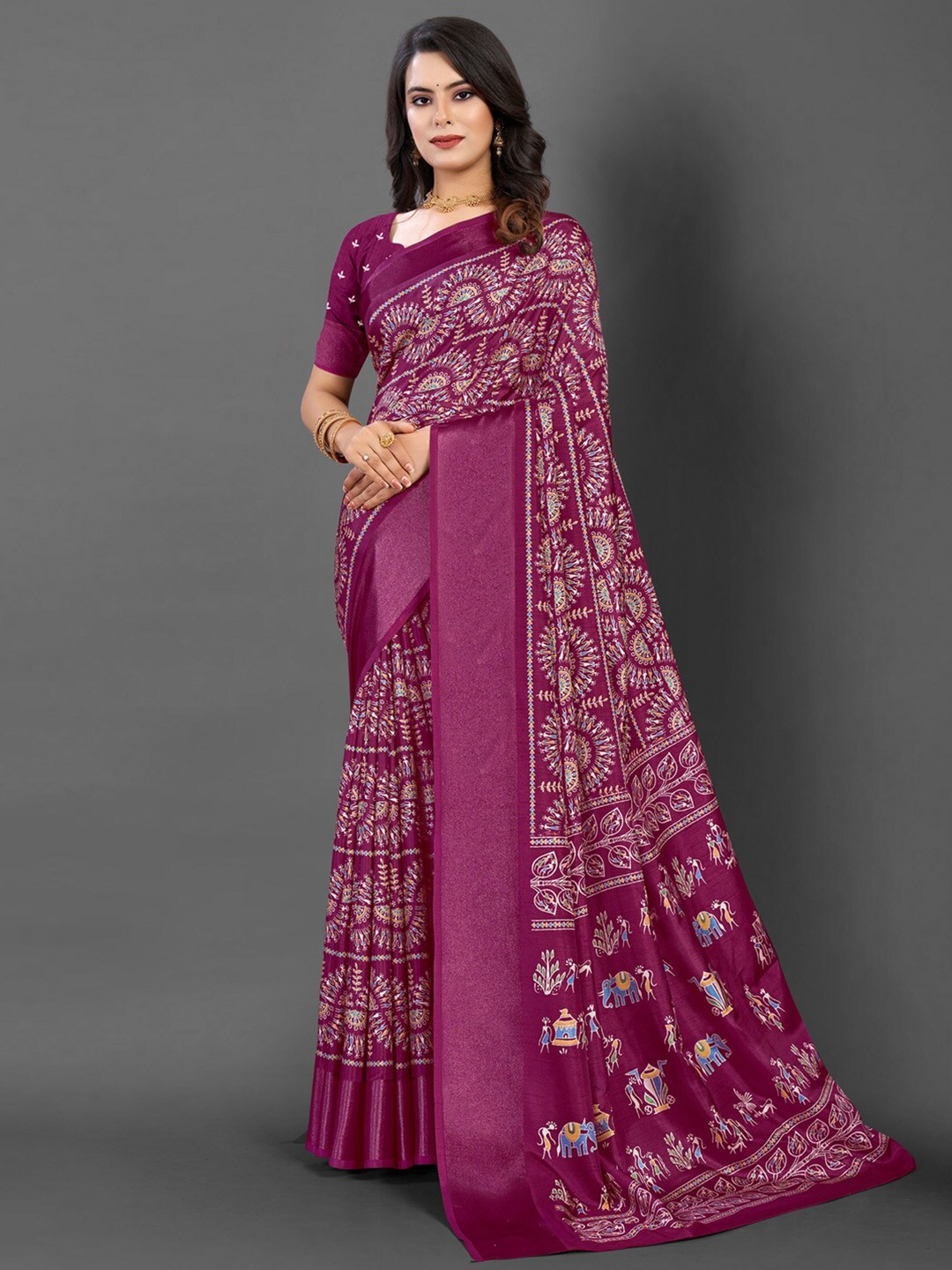 

Mitera Warli Printed Dola Silk Zari Saree, Magenta