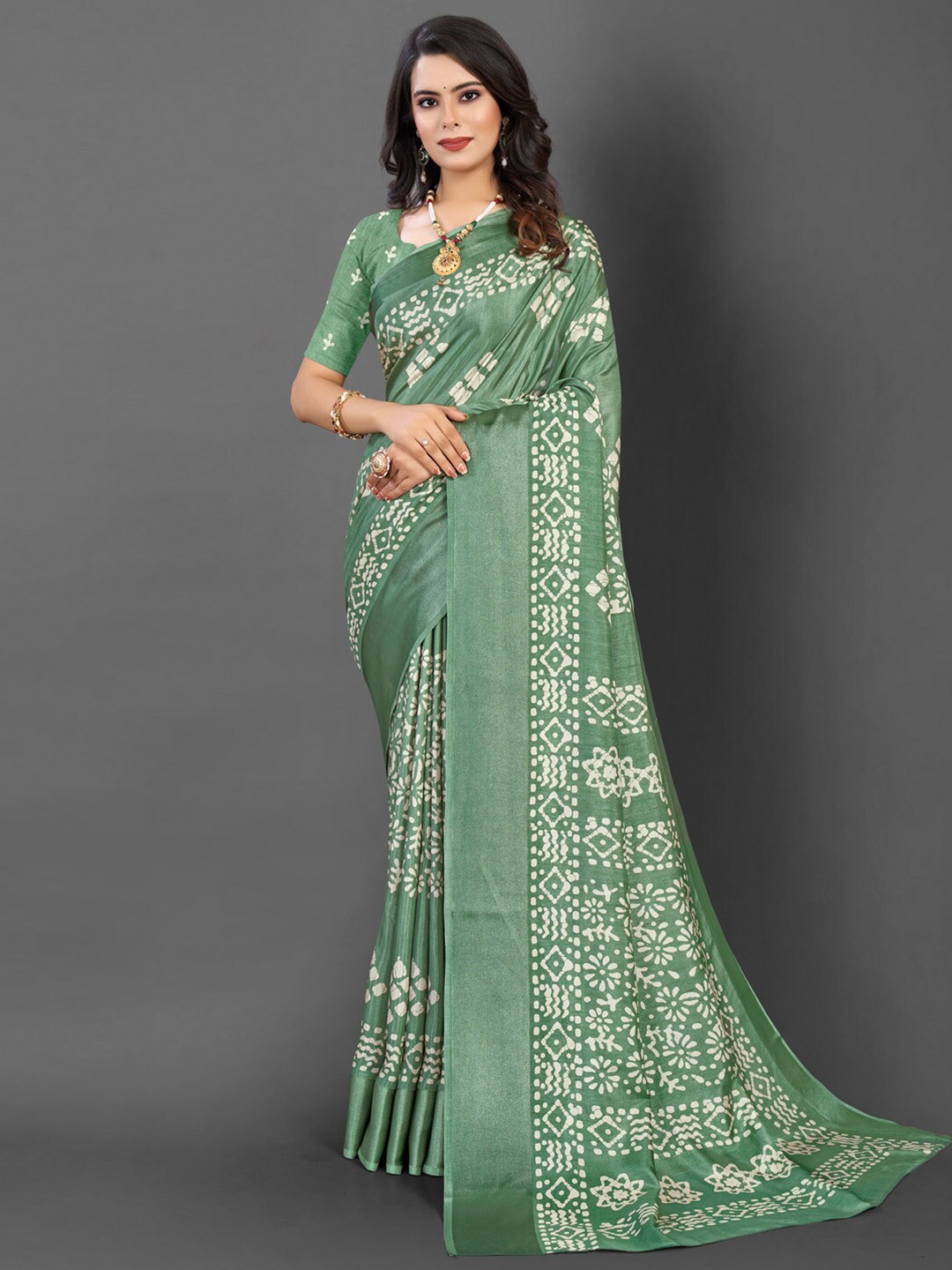 

Mitera Batik Printed Dola Silk Zari Saree, Sea green