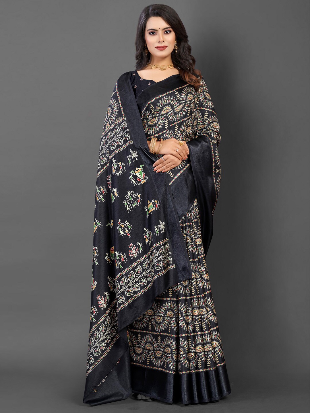 

Mitera Warli Printed Dola Silk Zari Saree, Black