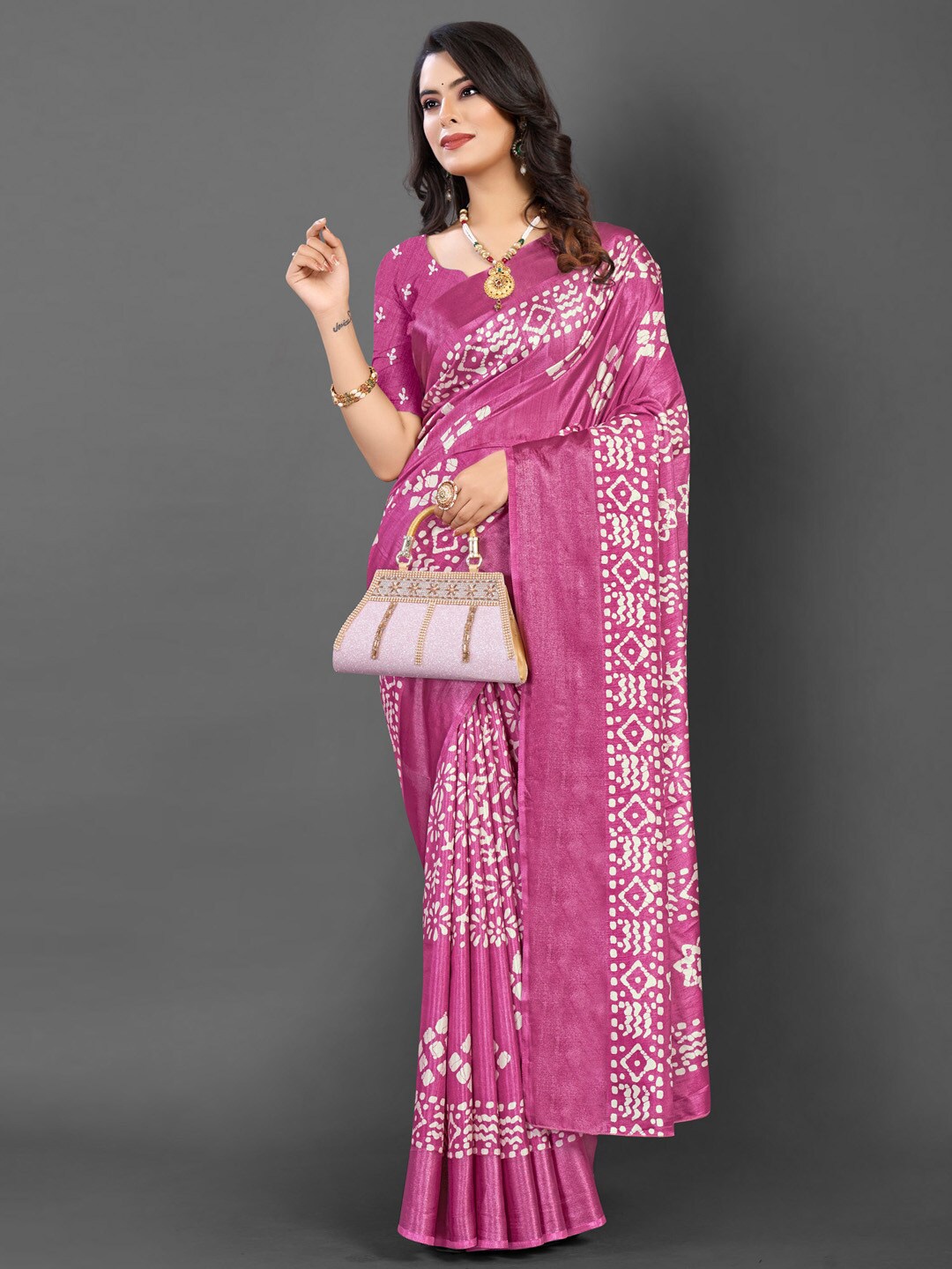 

Mitera Batik Printed Dola Silk Zari Saree, Pink