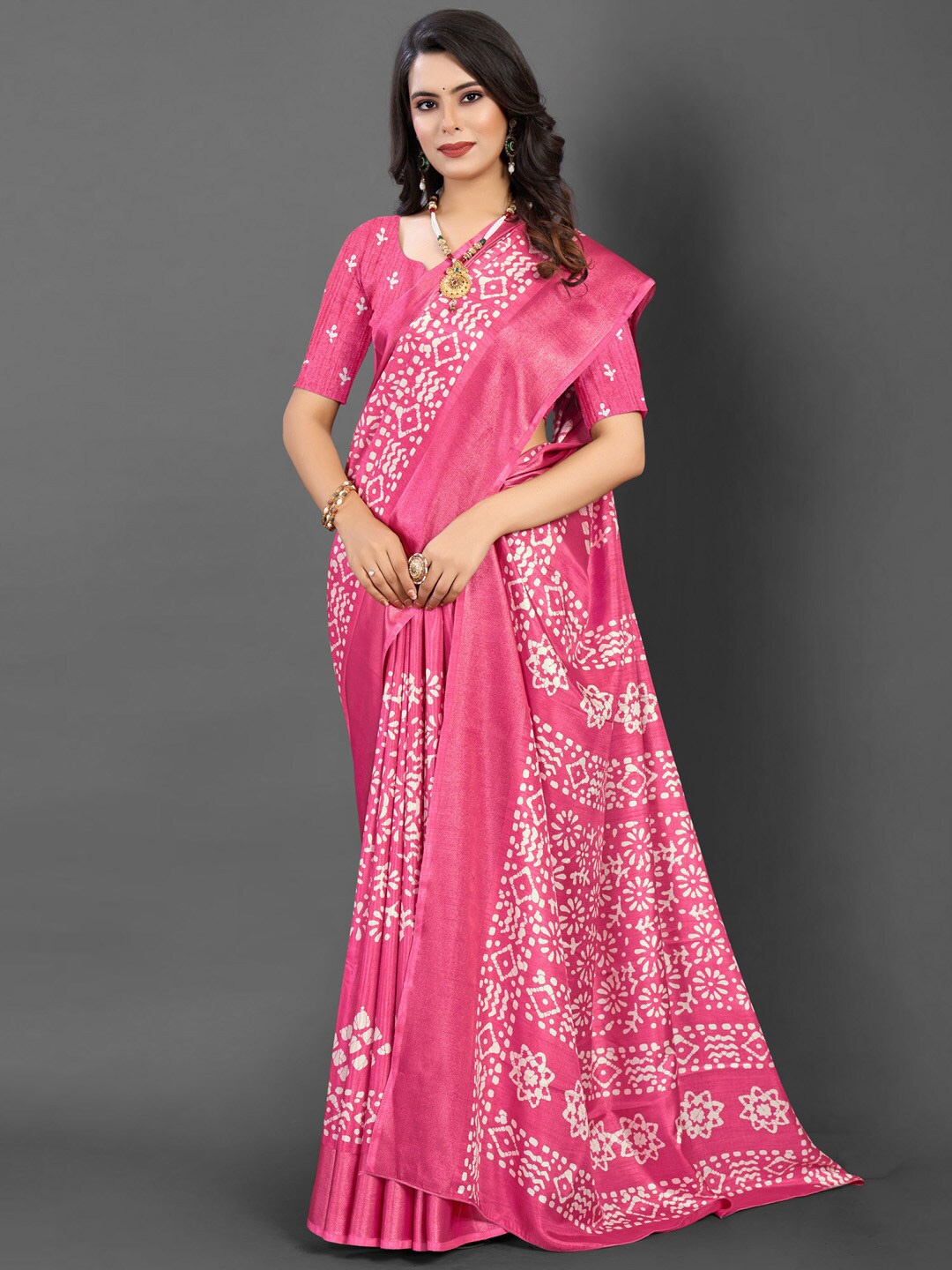 

Mitera Batik Printed Dola Silk Zari Saree, Pink