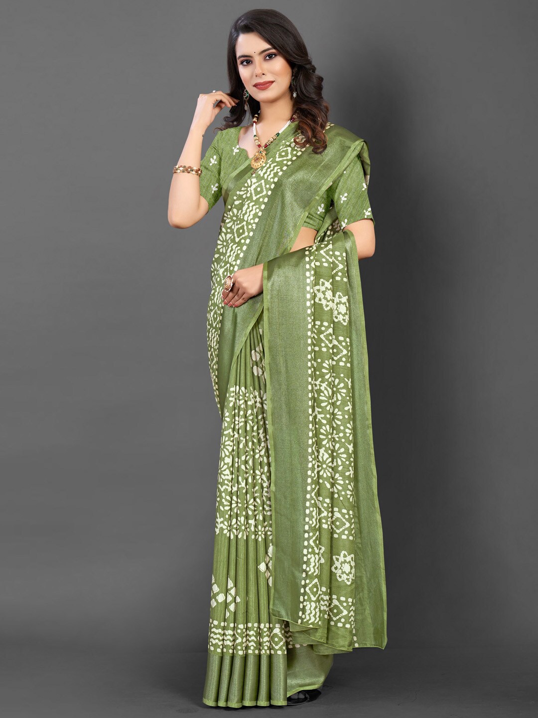 

Mitera Batik Printed Dola Silk Zari Saree, Green