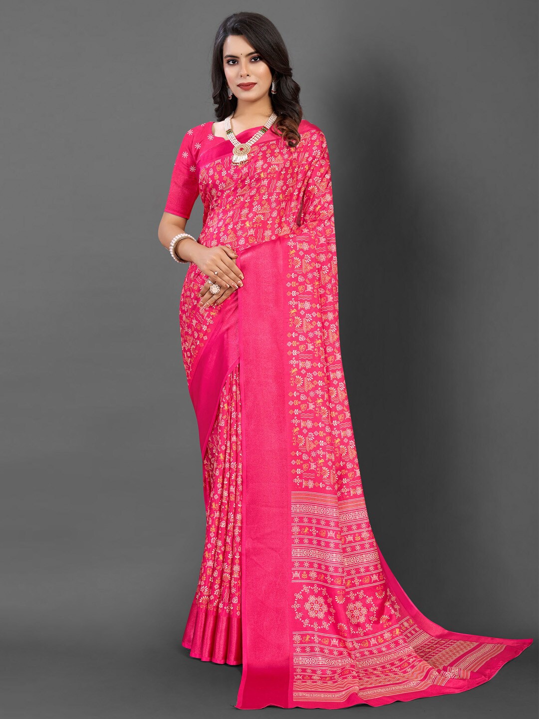 

Mitera Warli Printed Dola Silk Zari Saree, Pink