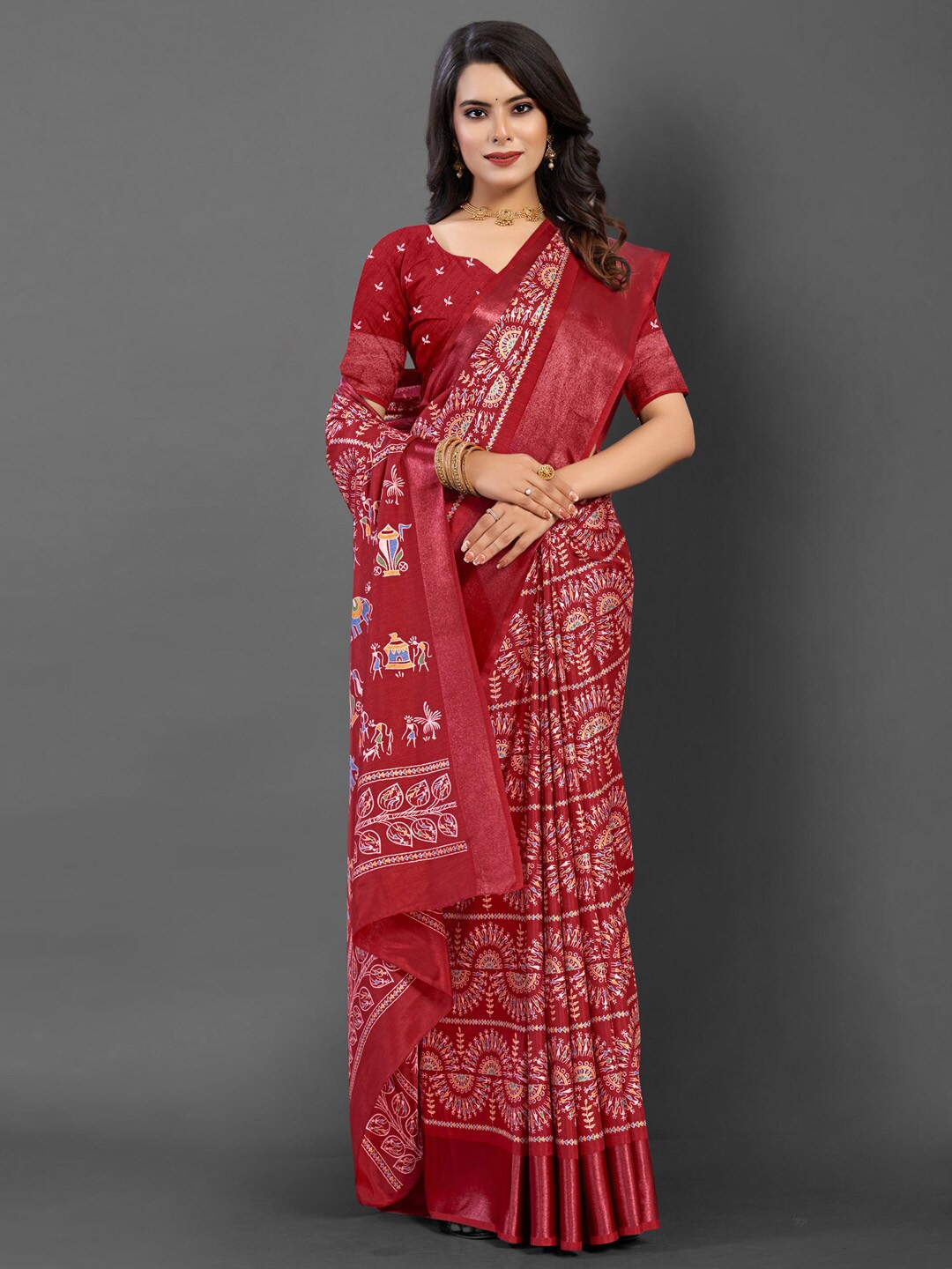 

Mitera Dola Silk Ethnic Printed Motifs Bagh Saree, Maroon