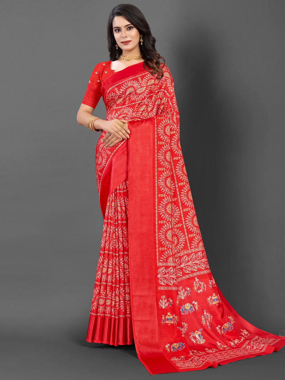 

Mitera Ethnic Motifs Printed Saree, Red