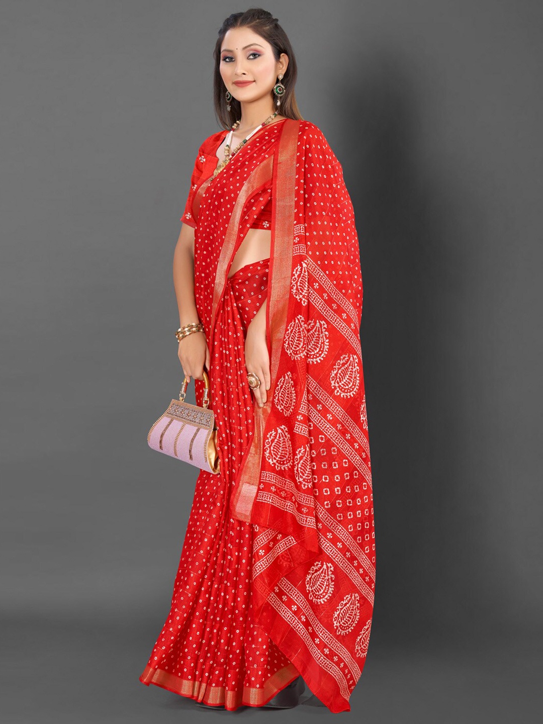 

Mitera Bandhani Printed Zari Saree, Red
