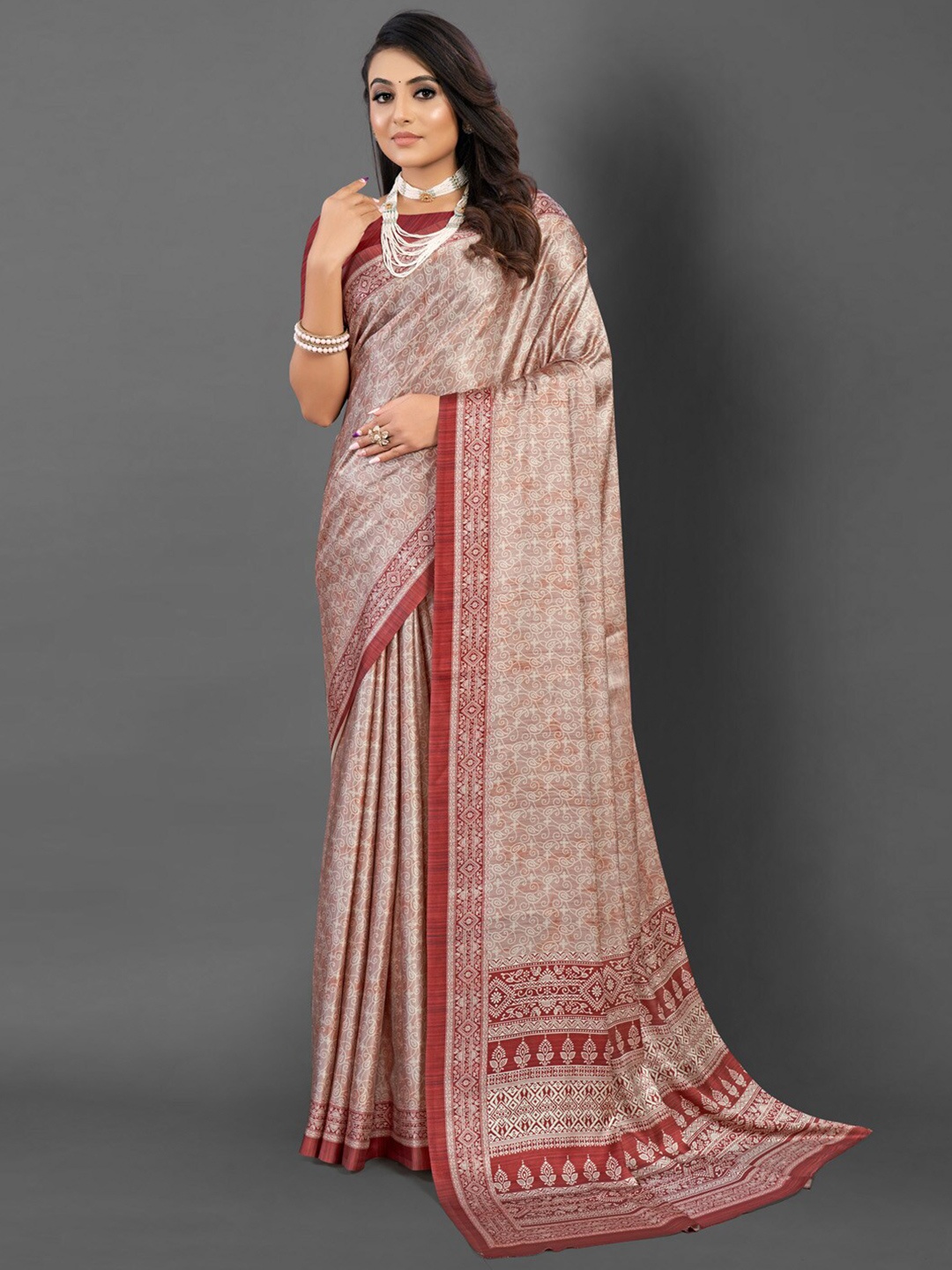 

Mitera Paisley Printed Satin Saree, Beige