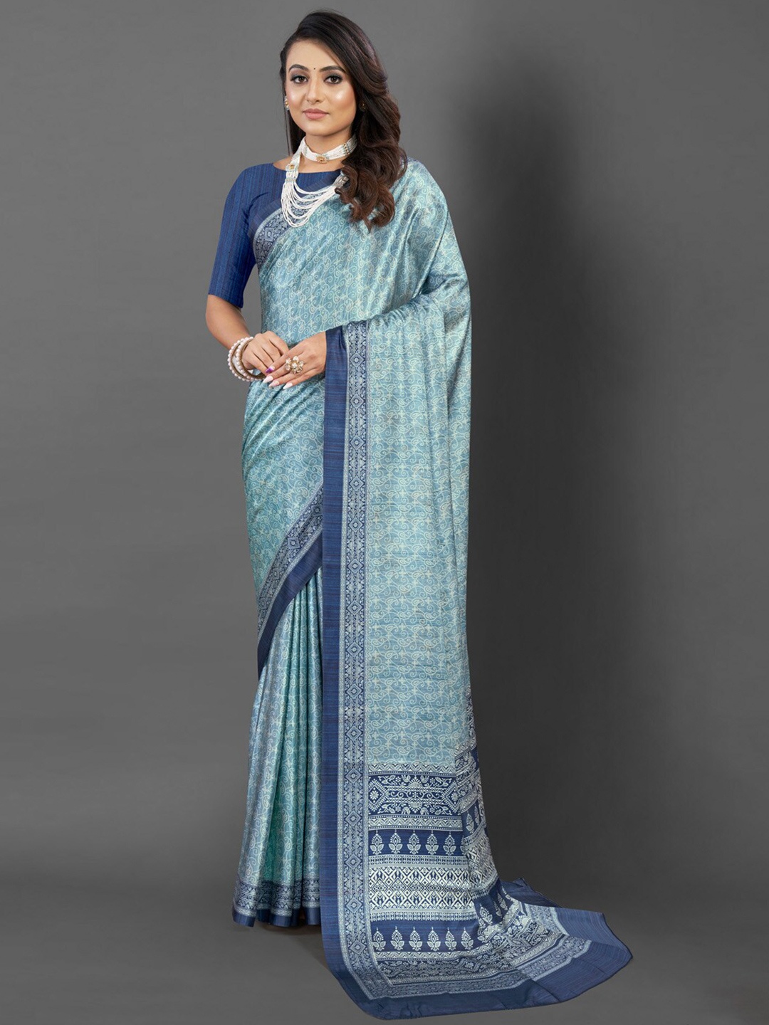 

Mitera Paisley Printed Satin Saree, Blue