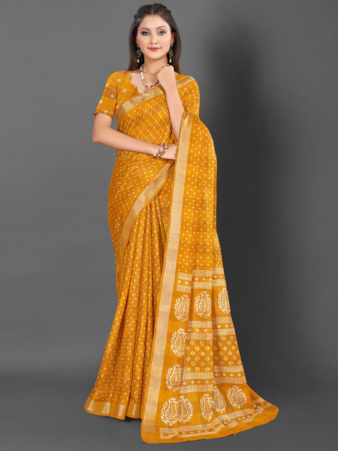 

Mitera Printed Zari Silk Bandhani Saree, Mustard
