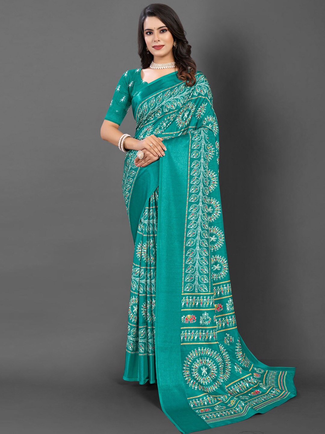 

Mitera Warli Printed Dola Silk Zari Saree, Blue