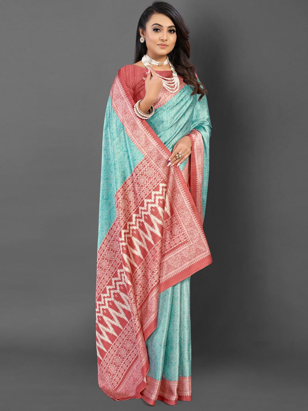 

Mitera Light Blue Ethnic Motifs Printed Satin Bagru Saree