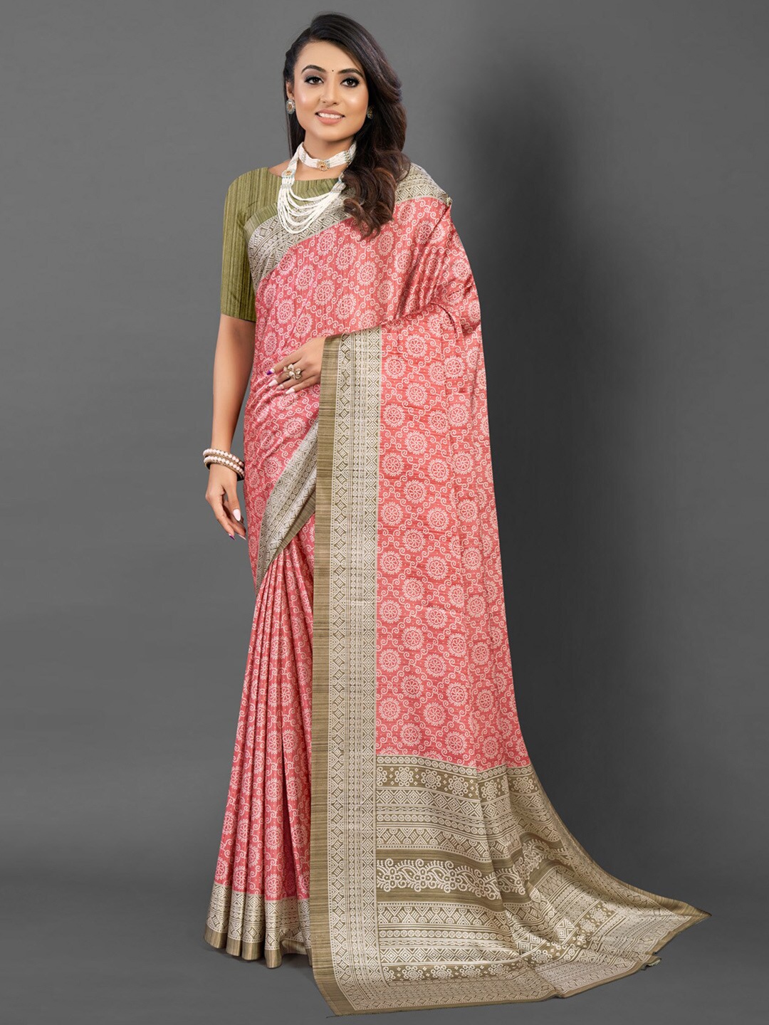 

Mitera Rust Paisley Printed Satin Bagru Saree