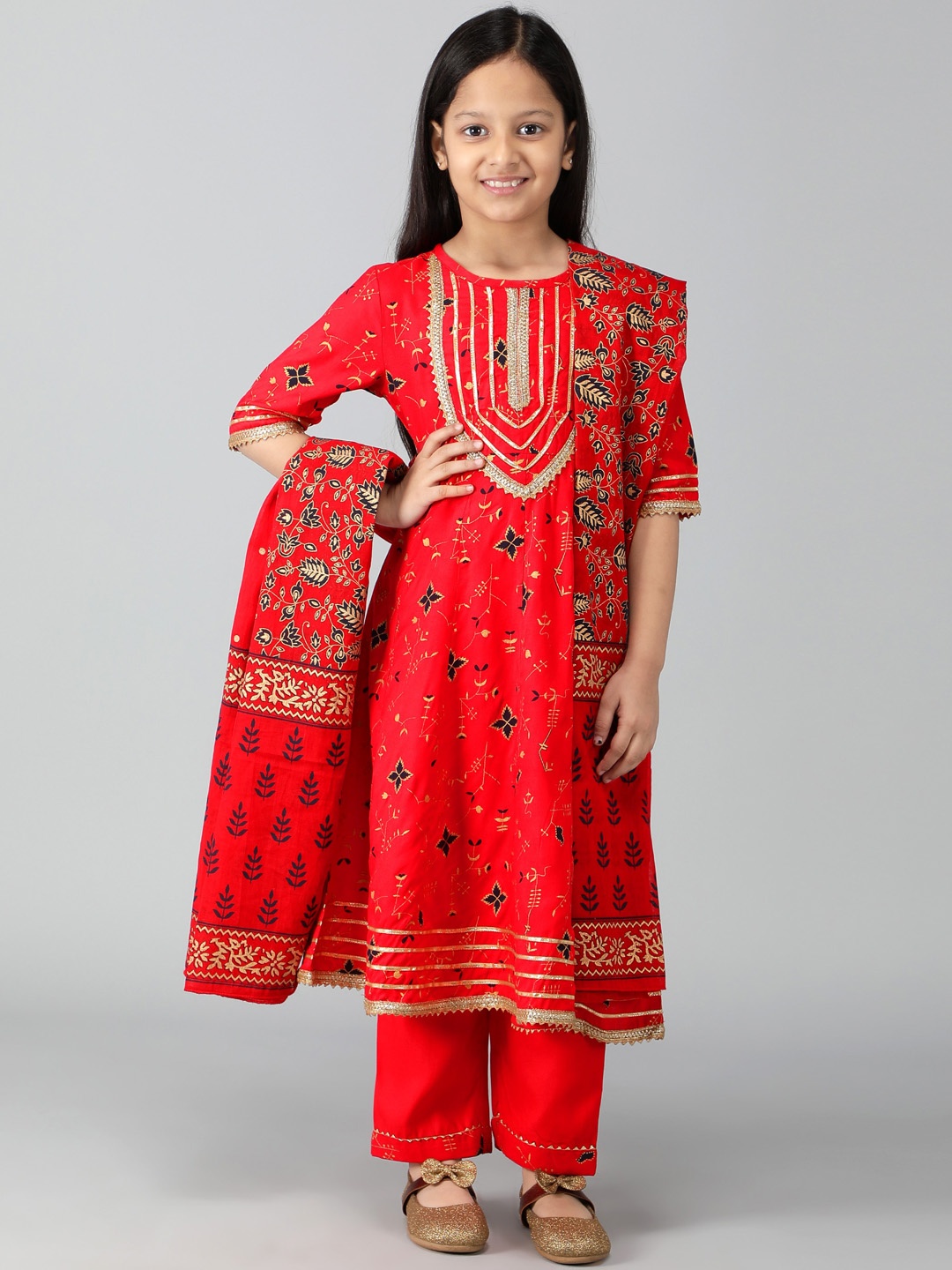 

BAESD Girls Ethnic Motifs Printed Gotta Patti Kurta With Trousers & Dupatta, Red